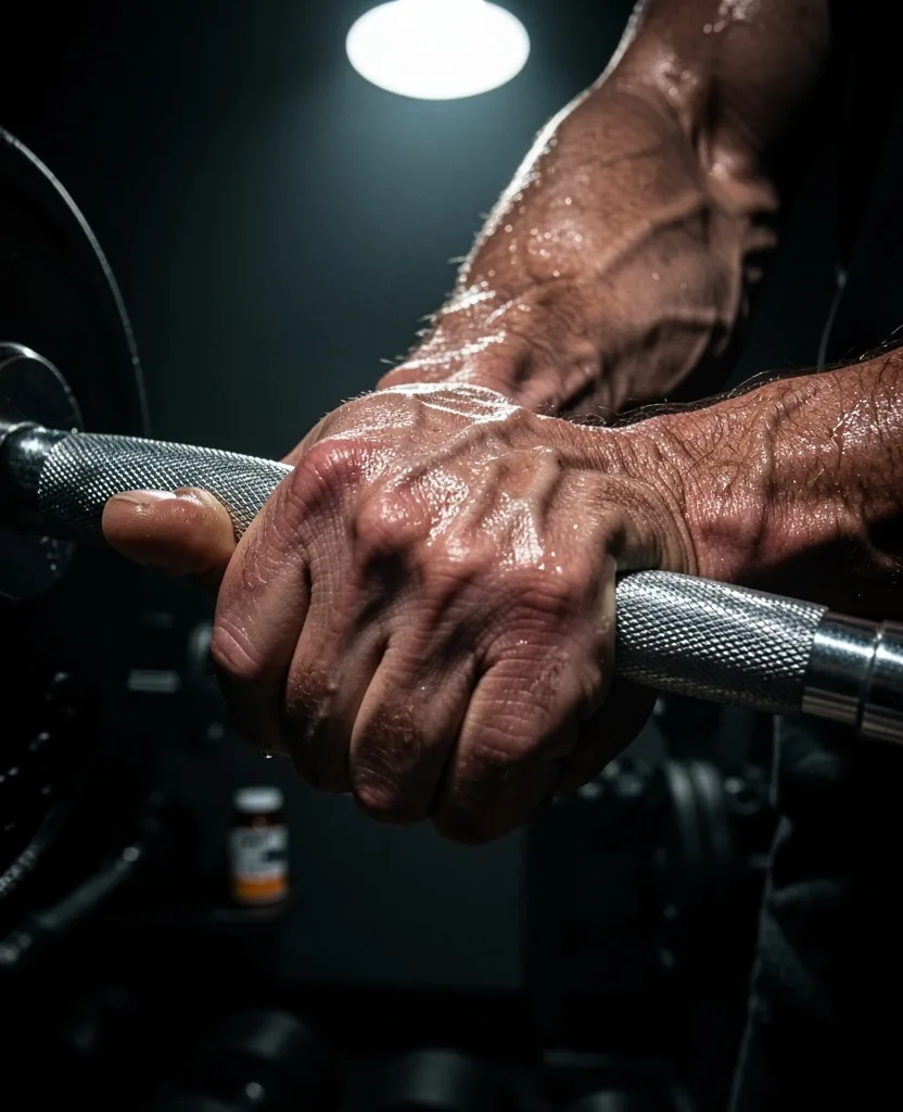 Hand gripping barbell in dark gym